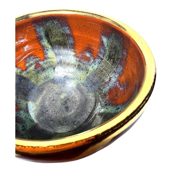 Stoneware Pottery Bowl with Genuine 18k Gold Trim in Rust & Olive Layered Glazes - Picture 11 of 13